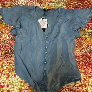 Blue denim tied blouse